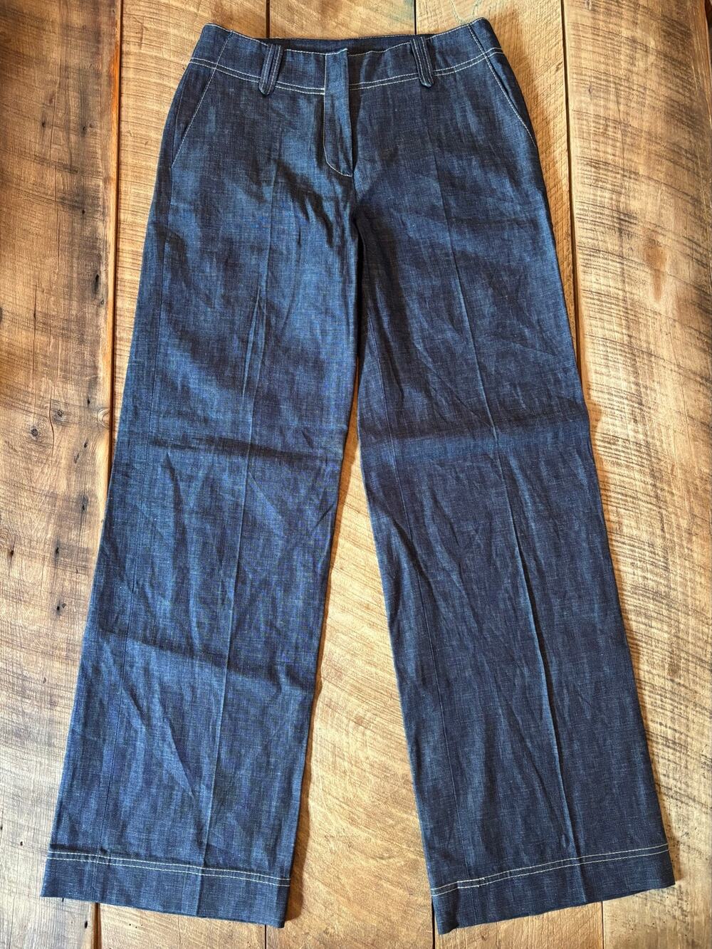 ZARA Women’s Denim Linen Blend Pants Wide Leg Stitch Detail Blue Jeans — SIZE S